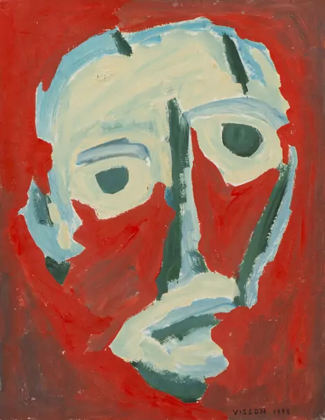 Philippe VISSON (1942-2008), "Visage en bleu sur fond rouge"(1978), acrylique — DognyAuction