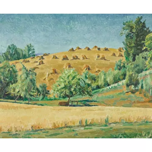 Feldlandschaft mit Heuschober