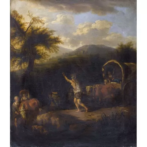 Arkadische Landschaft mit Planwagen