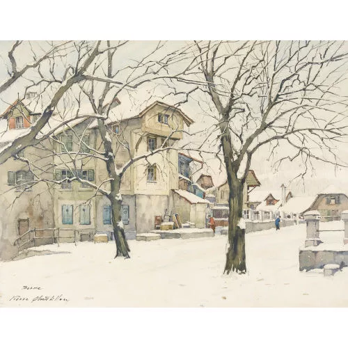 Pierre Châtillon — Berner Altstadtpartie im Winter mit Figurenstaffage.
