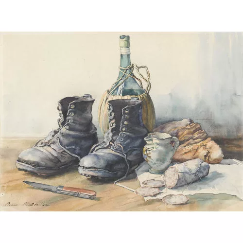 Pierre Châtillon — Stillleben mit Schuhwerk, Proviant und Taschenmesser.