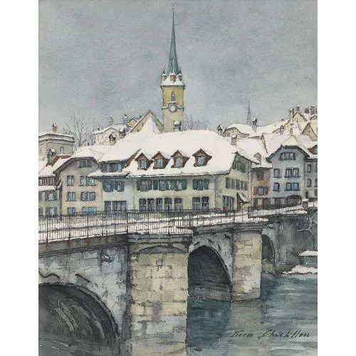 Pierre Châtillon — Winterliches Bern mit Untertorbrücke und Nydeggkirche.