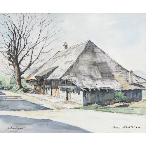 Pierre Châtillon — Bauernhaus im Winter unter sonnigem Himmel.