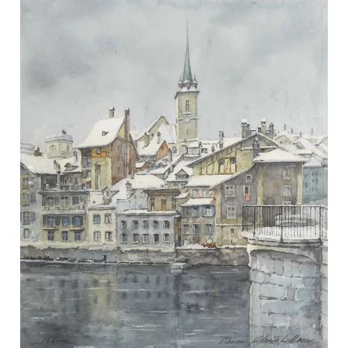 Pierre Châtillon — Winterlicher Blick von der Untertorbrücke auf Bern.