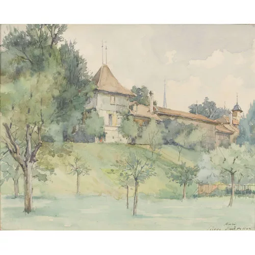 Pierre Châtillon — Sommerliche Ansicht von Schloss Muri mit Obstbäumen.