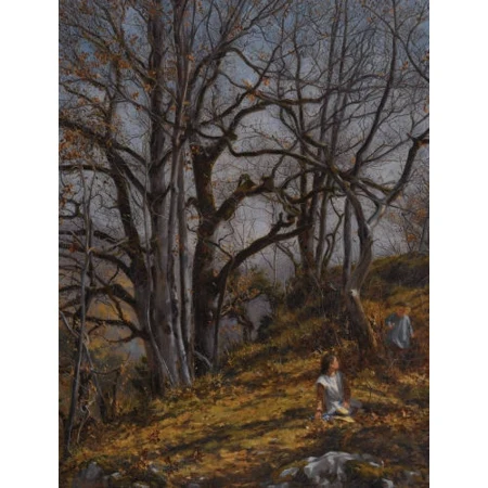Sonniger Herbstwald mit spielenden Kindern
