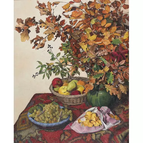 Herbststillleben mit Zweigen, Früchten und Eierschwämmchen