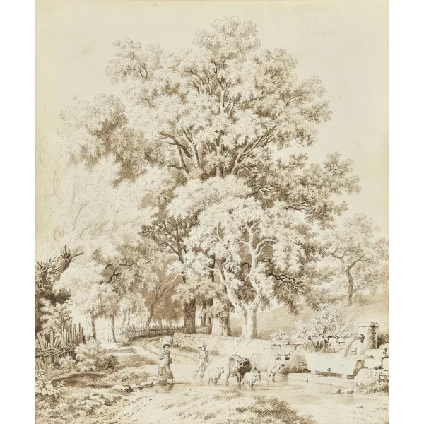 Pierre-Louis De la Rive — Von Bäumen gesäumter Weg mit Wäscherin und Hirt am Brunnen.