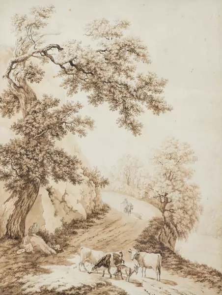 Pierre Louis DE LA RIVE (1753-1817), "Scène pastorale dans un chemin de montagne", encre, crayon et sépia — DognyAuction
