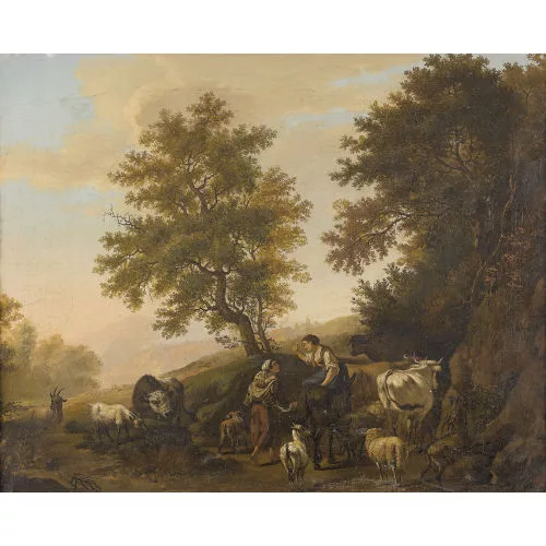 Pierre-Louis De la Rive — Landschaftspartie mit Bäuerinnen und Viehherde an einem Weg.