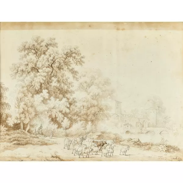 Landschaft mit Festung und Kuhherde