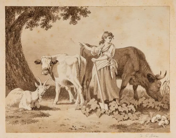 Junge Bäuerin mit Kuh, Kalb und Ziege