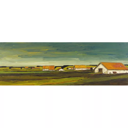 Pierre Michel — Weite Juralandschaft mit Häusern.