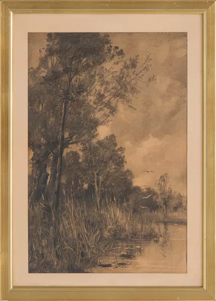 Pierre Pignolat — Pierre Pignolat (1838-1913), Paysage à l'étang, grisaille, fusain sur papier, 45x29 cm