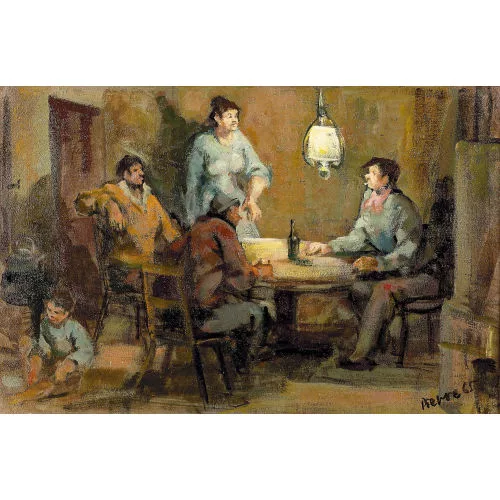 Pierre Stampfli — Stubeninterieur mit Arbeitern.
