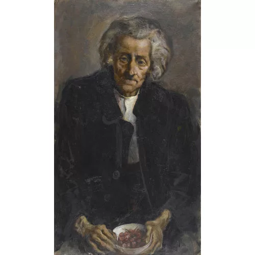 Pierre Stampfli — Bildnis eines Mannes mit einer Schale roter Kirschen.