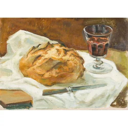 Pierre Stampfli — Stillleben mit Brot, Messer und gefülltem Weinglas.