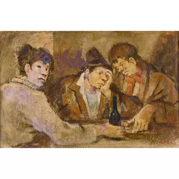 Männertrio mit Weinflasche am Tisch