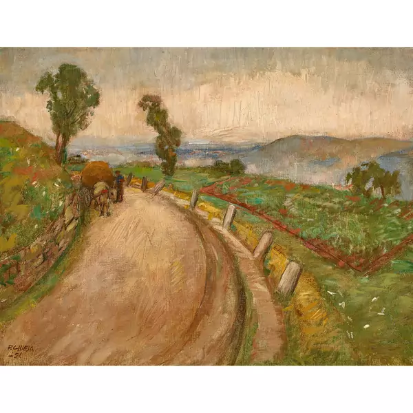 Landschaft mit Heufuhrwerk am Strassenrand