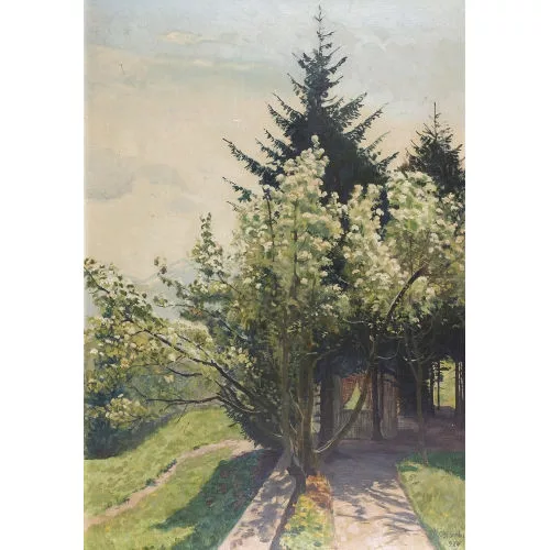Plinio Colombi — Gartenpartie mit blühendem Baum.