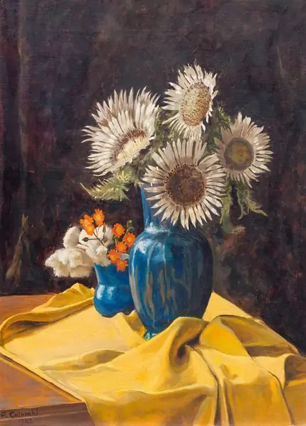 COLOMBI, PLINIO — Still life with Carline thistles on a yellow fabric. — Koller Auktionen