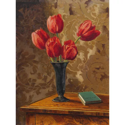 Plinio Colombi — Stillleben mit Tulpen und Buch.