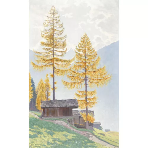 Plinio Colombi — Herbstliche Gebirgspartie mit Holzhütten und Lärchenwald.