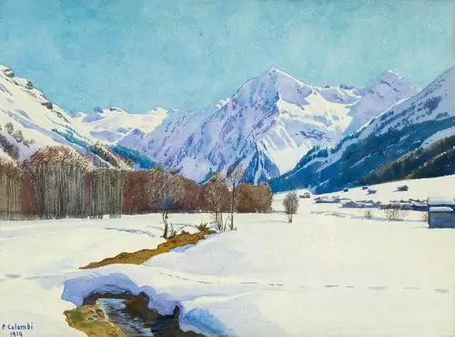 PLINIO COLOMBI — Schneelandschaft bei Klosters mit Blick gegen Silvrettagletscher, Canardhorn, Wisshorn und Aeuja. 191(9). — Koller Auktionen