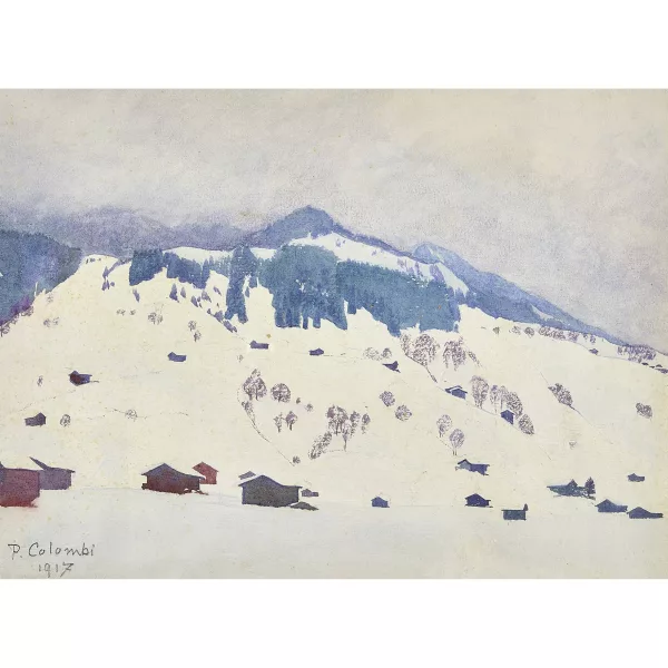 Plinio Colombi — "Winterlandschaft in Klosters im Nebel".
