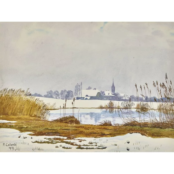 Plinio Colombi — Kirchdorf mit Gerzensee im Winter.