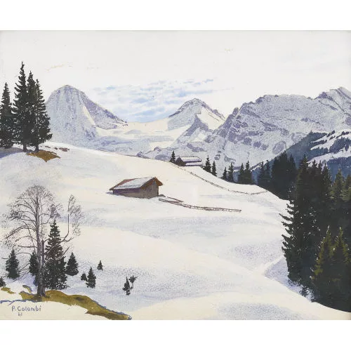 Plinio Colombi — Winterliche Gebirgspartie mit Chalets vor Eiger und Mönch.