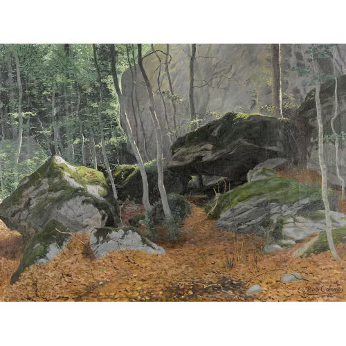 Plinio Colombi — Sonnige Waldpartie mit Felsen.