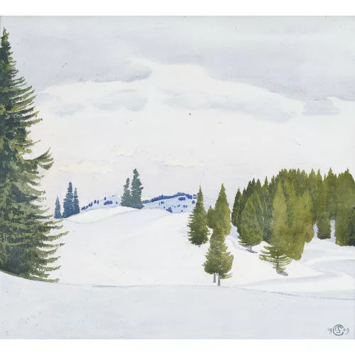 Plinio Colombi — Winterliche Landschaft mit Tannen.