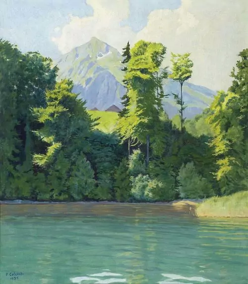 PLINIO COLOMBI — Seeufer bei Spiez mit Wiese im Hintergrund. 1935. — Koller Auktionen