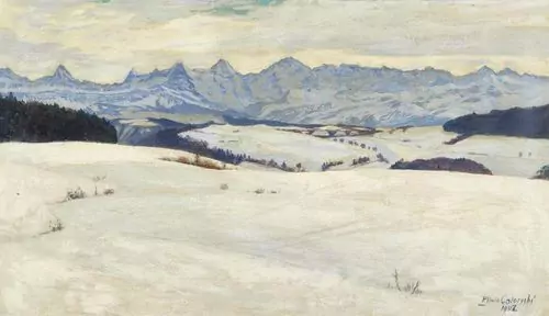 PLINIO COLOMBI — Blick auf die Berner Alpen mit Jungfrau, Mönch und Eiger. 1902. — Koller Auktionen