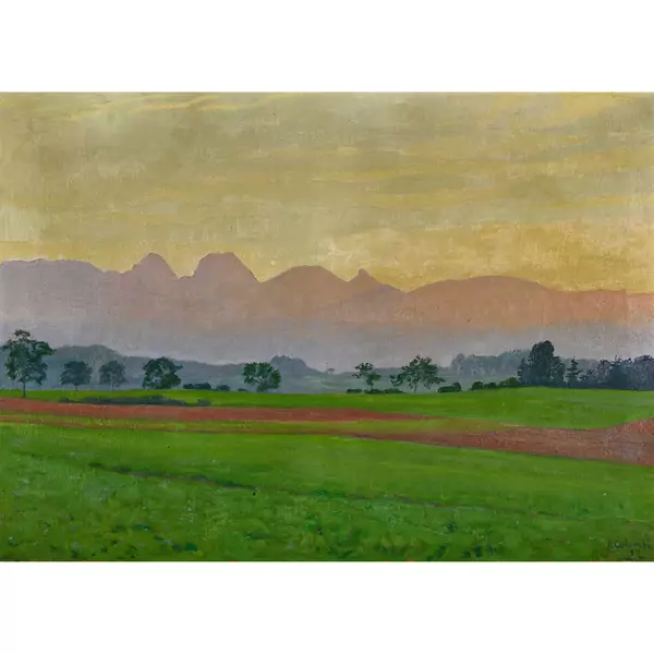Feldlandschaft mit Gantrisch in der Abendsonne