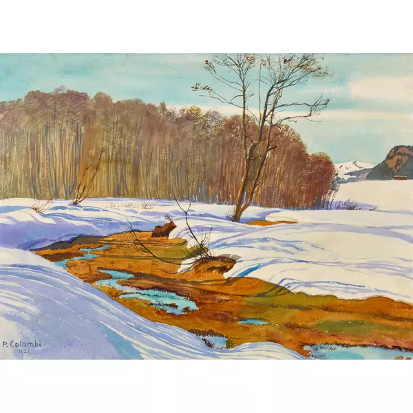 Sonnige Vorfrühlingslandschaft mit Schneeschmelze