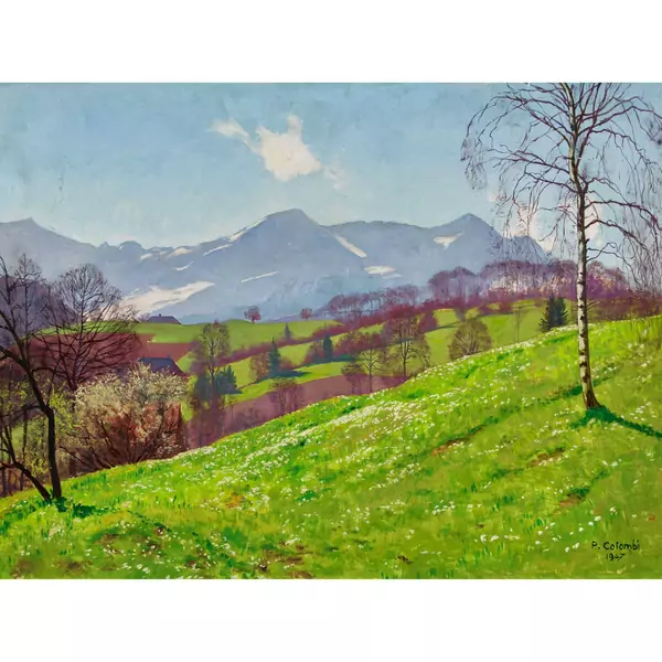 Frühlingslandschaft mit Blick auf die Berner Alpen