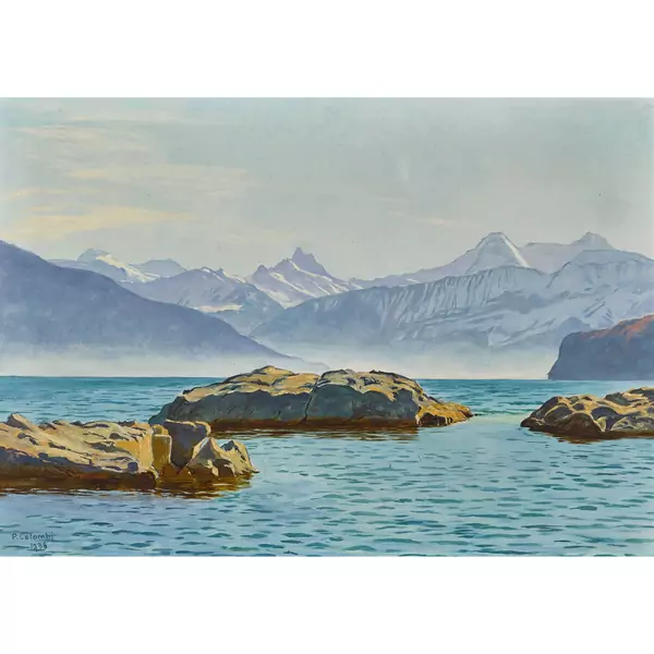 Thunersee bei Spiez mit Schreckhorn, Eiger und Mönch