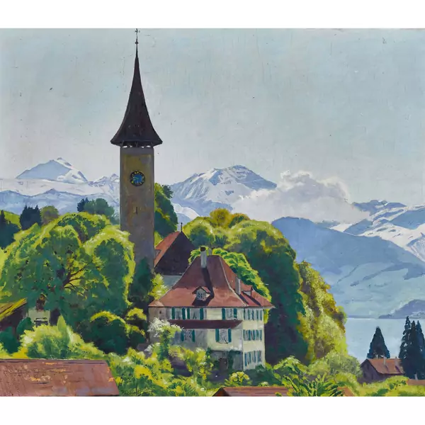 Spiez am Thunersee mit Blick auf die Berner Alpen
