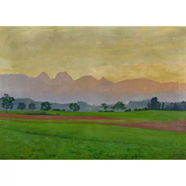 Feldlandschaft mit Gantrisch in der Abendsonne