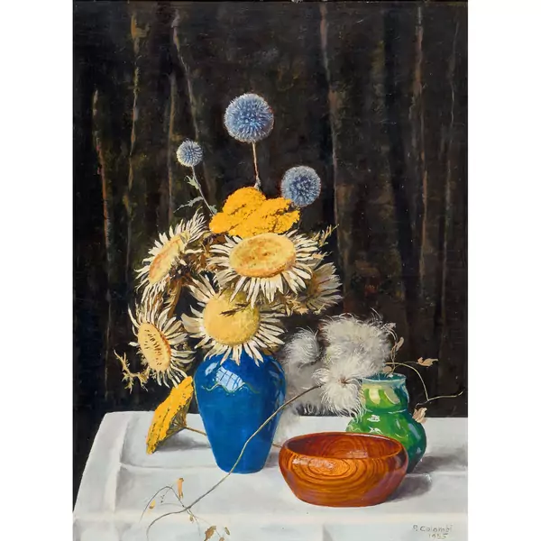 Stillleben mit Trockenblumen, Schale und Vase