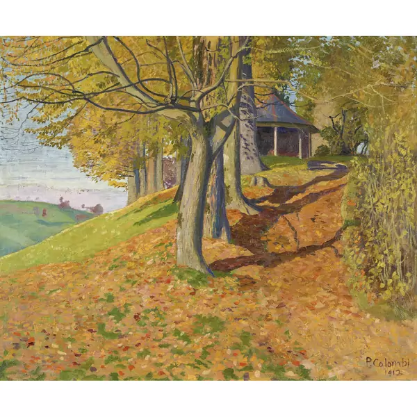 Sonnige Herbstlandschaft mit Pavillon