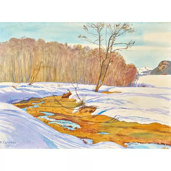 Sonnige Vorfrühlingslandschaft mit Schneeschmelze