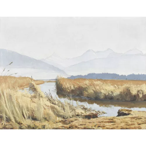 Plinio Colombi — Uferpartie am Thunersee mit Schilf vor Berner Alpen.