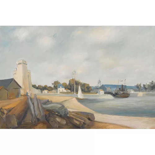 Raoul Domenjoz — Nordfranzösische Hafenpartie mit altem Turm.