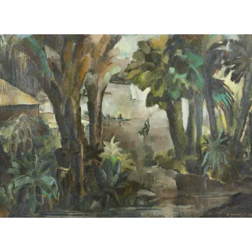 Raoul Domenjoz — Exotische Küstenpartie mit Eingeborenen.