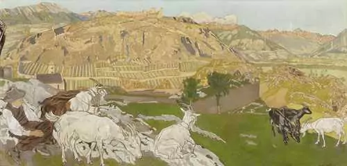 RAPHY DALLÈVES — Ruhender Hirte auf einer Bergwiese mit Blick auf Sion. 1910. — Koller Auktionen