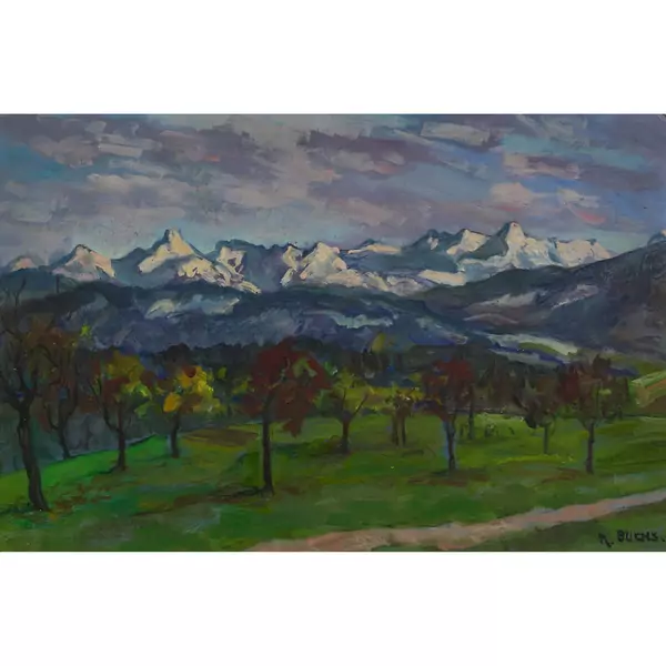 Obstbäume vor Berner Alpenkulisse