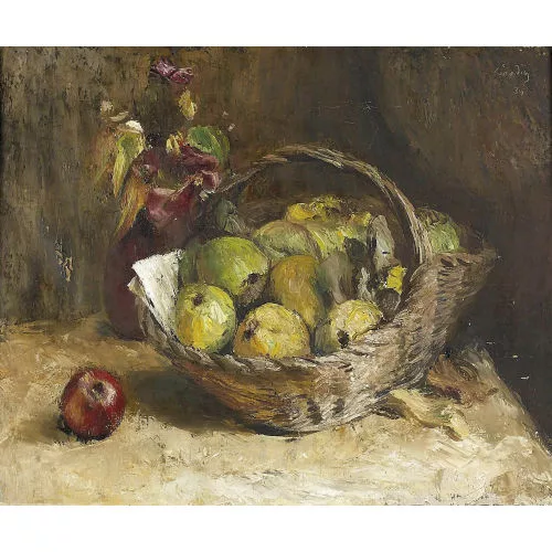 Reinhold Kündig — Stillleben mit Äpfeln in einem Weidenkorb.